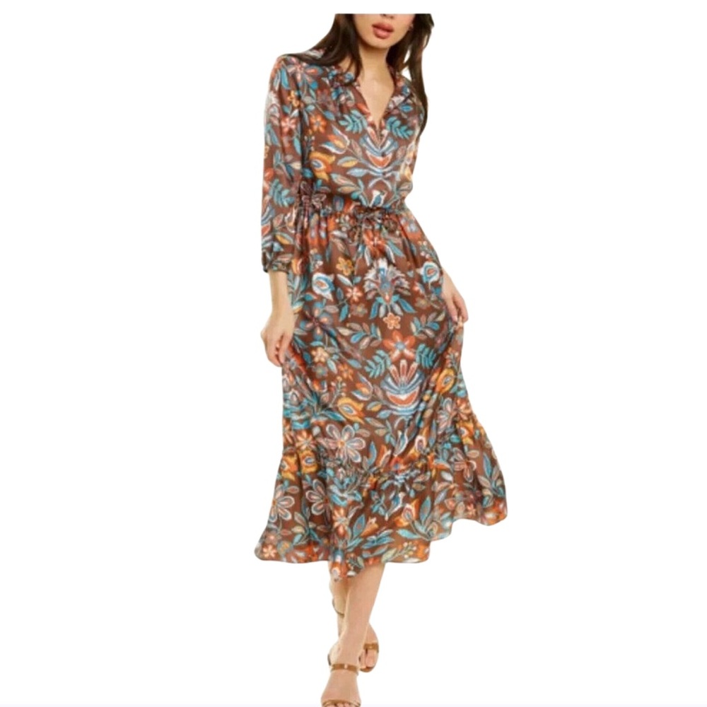 J Mclaughlin Midi Silk Floral ruffle hem elevated Festival Boho Midi Dress